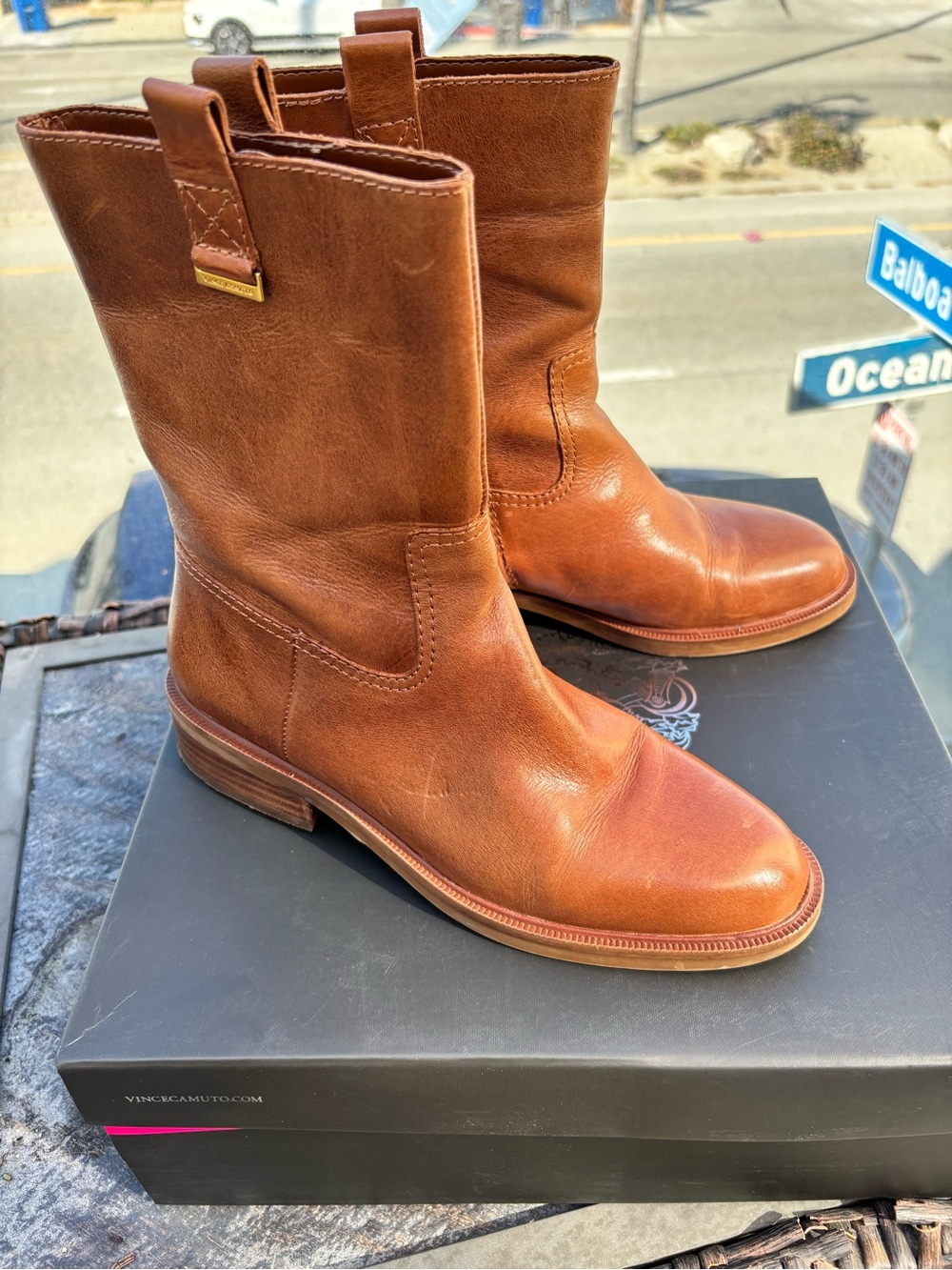 Vince Camuto Women’s Cognac Leather Moto-Style Mid-Calf Boots